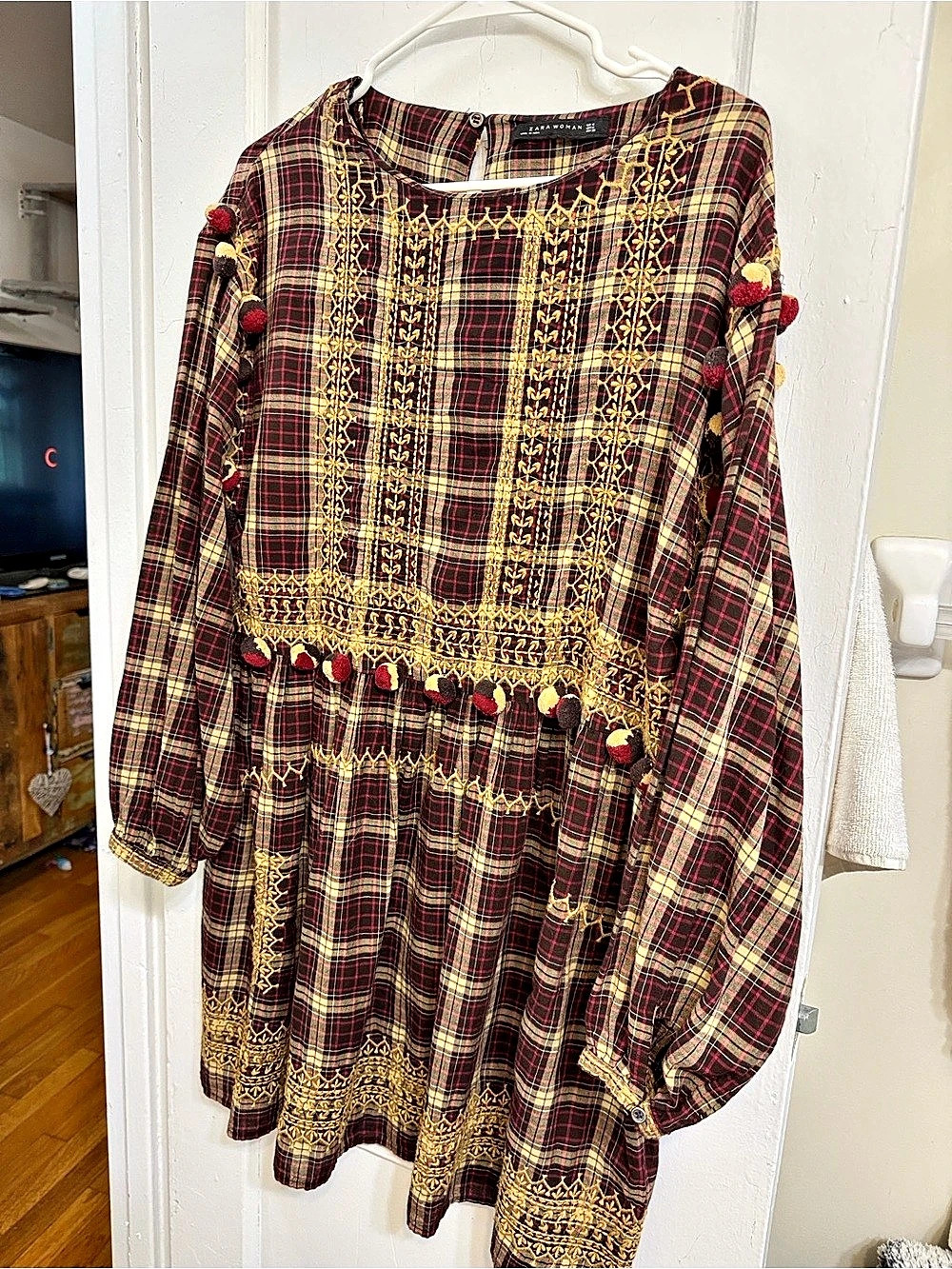 Zara Checked Dress with Pompoms Plaid Mini Dress Red & Black Medium